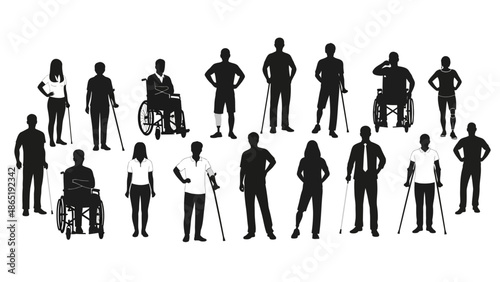 Black silhouette of diverse people with various abilities standing and interacting in a social setting against a clean white background.