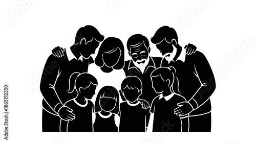 Black silhouette of a diverse group of people standing together in a social setting with a minimalist white background.