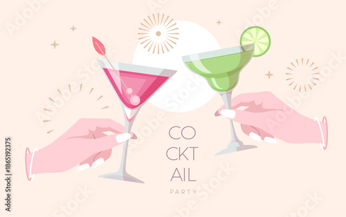 Hands with cocktails and firework. Cocktail party. Celebration toast with two cocktail glasses. Flat design. Vector illustration