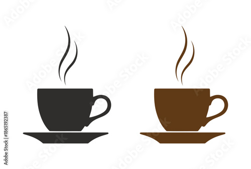 Steaming Coffee Cups on Saucers in Monochromatic Illustrations