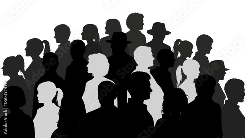 A group of black silhouette people against a white background, conveying a sosial gathering or crowd concept with various poses.