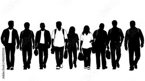 A group of black silhouette people walking in a line, carrying bags and luggage against a clean white background, conveying a sense of social gathering.