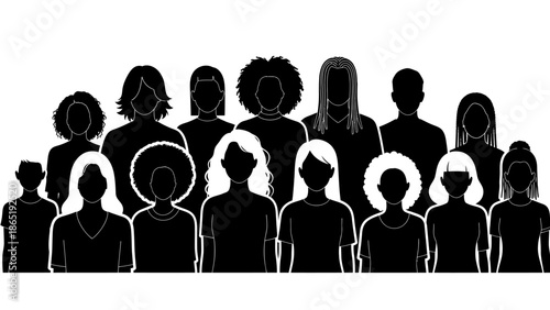 A group of diverse black silhouette people standing together in a social setting against a clean white background.