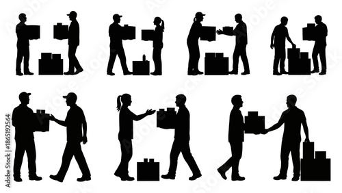 A group of black silhouette people engaging in various social interactions with luggage on a clean white background.