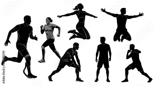 Black silhouette of people engaging in various physical activities on a white background, showcasing dynamic poses and movements.