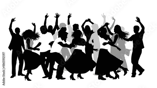 Black silhouettes of people dancing and socializing in a lively, celebratory atmosphere against a clean white background.