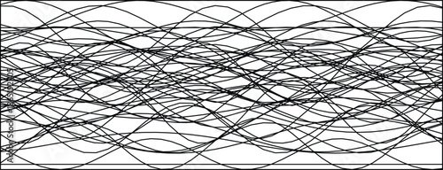 Intricate abstract black wave patterns intersect over a clean white backdrop, creating a dynamic visual effect.