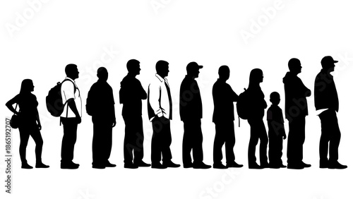 A group of diverse black silhouette people standing in a line, showcasing a sosial gathering or queue, against a clean white background with a neutral mood.