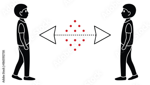Two figures maintaining social distance represented by an arrow with red dots a striking silhouette