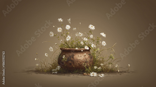 ..illustration of a element: a rustic clay pot with sprouting wildflowers...
