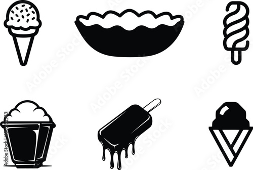 black and white icons of various ice cream types and desserts with sticks