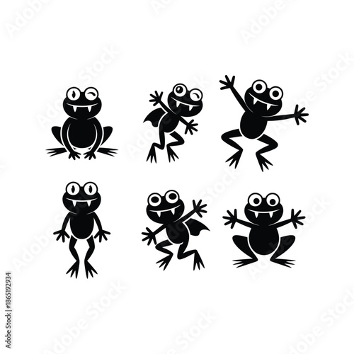 cute cartoon frog silhouettes set playful jumping poses flat black amphibian vector icons for logo design illustrations.