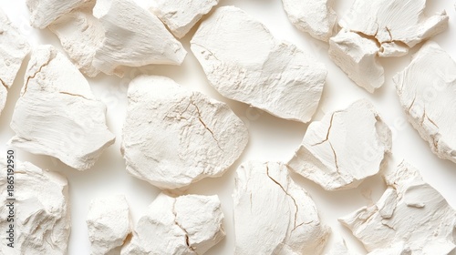 A collection of rough unworked lumps of dry white clay with visible cracks and fragmented surfaces showcasing its natural material texture