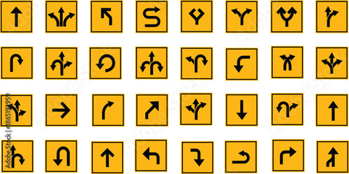 Road Arrow Flat Style Vector Icon Set, Traffic Direction Symbol Collection and Navigation Outline Graphic Group Featuring Turn, Curve and Wayfinding Arrow Signs