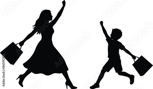 Mother and child silhouettes running with shopping bags, happiness, family shopping, retail joy, consumer lifestyle, playful bonding illustration isolated on white