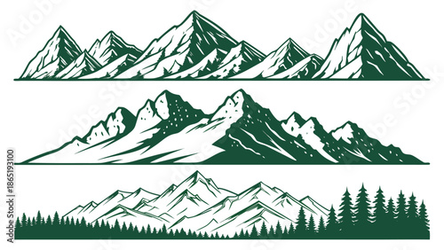 Detailed mountain range illustration with varying peak heights and forested base a striking silhouette high quality