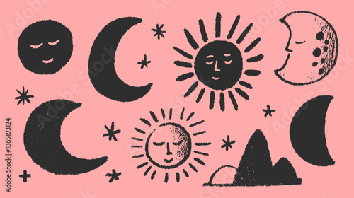 Sun and moon illustrations with faces and stars. Colorful vector set on a pink background featuring simple, flat design elements.