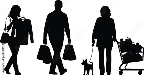 People walking with shopping bags and a dog in a leisurely stroll