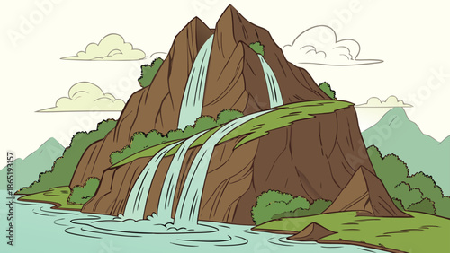 A picturesque landscape with majestic mountains cascading waterfalls and lush greenery in a striking silhouette