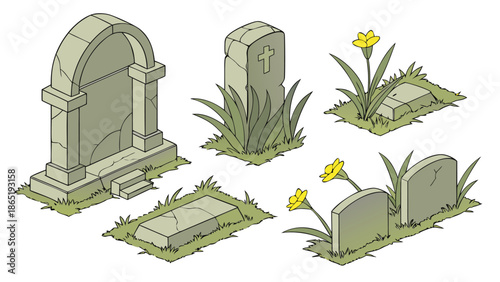 Isometric view of a graveyard featuring tombstones an arched doorway and yellow flowers silhouette high quality