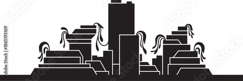 Abstract futuristic or ancient temple city silhouette with large central tower and tiered stepped structures