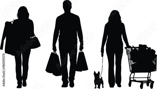 People walking with shopping Page, bags, and a dog in a casual, everyday scene from a rear viewpoint