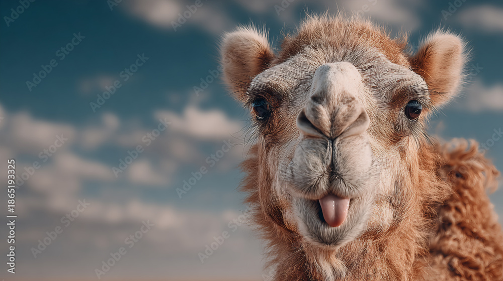 Fototapeta premium Camel making silly face against blue sky. Desert humor concept.
