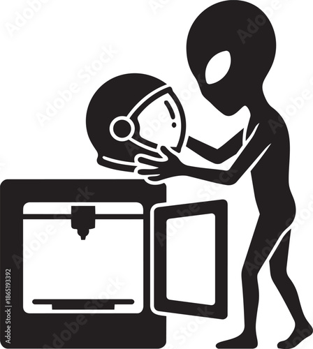 Alien holding helmet near 3d printer, extraterrestrial creating space gear, cartoon style