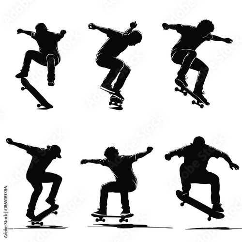 Silhouettes of skateboarders performing tricks and stunts in various dynamic poses against a white background