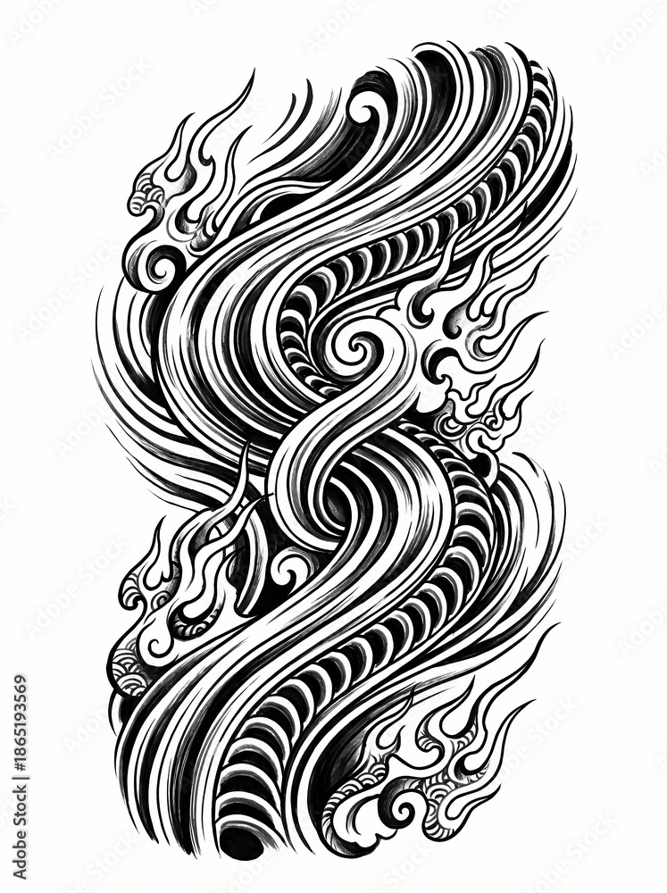 Fototapeta premium Two stylized dragons entwined, rendered in black and white with flowing lines and flame-like details.