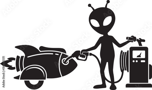Alien refueling rocket at gas station on checkered background