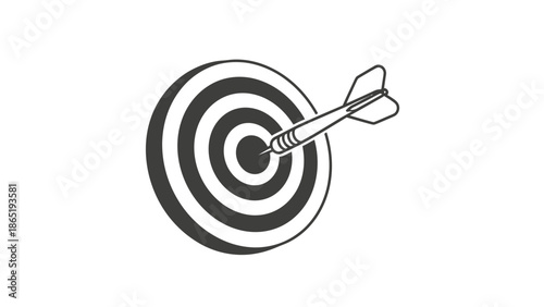 Simple graphic icon depicting a dart precisely hitting the absolute center of a target symbolizing achievement success and clear goal accomplishment in a dark setting