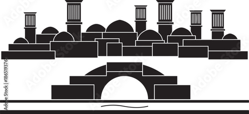 Ancient city with domes and arches bridge over water, classical architecture silhouette