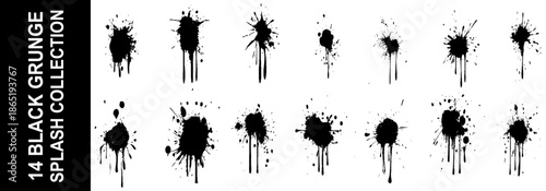 Vector black and white ink splash, blot and brush stroke, spot, spray, smudge, spatter, splatter, drip, drop, ink blob Grunge textured elements for design, background.
