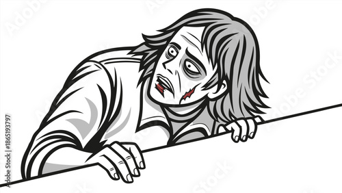 a cartoon image depicting a zombie reaching over a ledge displaying a menacing and frightening silhouette