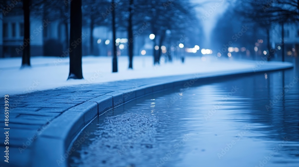 Obraz premium A curved path lined with snow borders a reflective pool of water in a winter park at dusk with soft lights