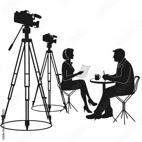 a camera crew filming an interview with a woman and man seated at a cafe table silhouette