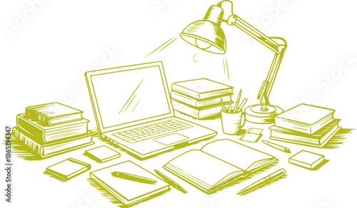 Detailed monochrome line of a study desk with laptop books and lamp