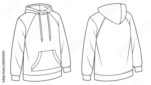 Detailed line drawing showcases a blank hooded sweatshirt design from both front and back views silhouette
