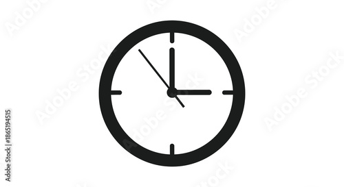 A simple graphic depiction of a circular clock face displaying a specific time silhouette