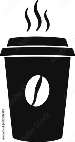 A steaming cup of coffee with a coffee bean design on it, to-go cup, black and white illustration
