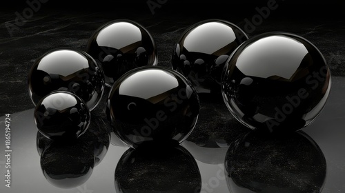 A Collection of Perfectly Polished Black Obsidian Spheres with Deep Reflections and Glossy Surfaces