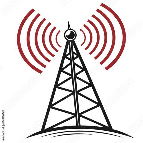 A striking illustration of a communication tower emitting radio waves a bold black silhouette high quality