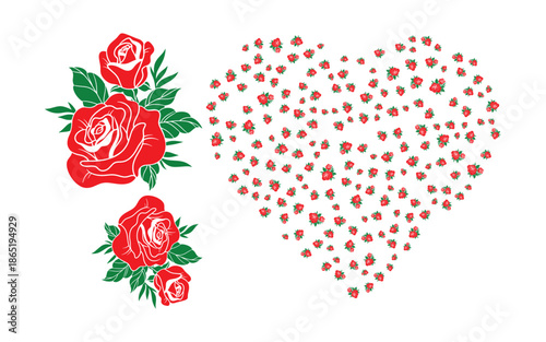 Red rose flower arrangements and heart shape made of tiny roses on white base