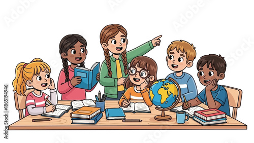 Happy Children Sitting at Desk with Books and Globe