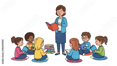 Teacher Reading Book to Children Sitting on Floor