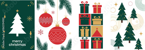 Set of four Christmas greeting cards with white pine tree, red hanging ornaments, gift box grid, and festive trees with geometric gold circles,