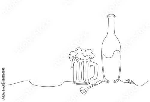 Minimal continuous one line illustration of a beer mug with foam and a bottle with opener, drawn in clean black outline on white background, symbolizing leisure and social drinking. Editable stroke
