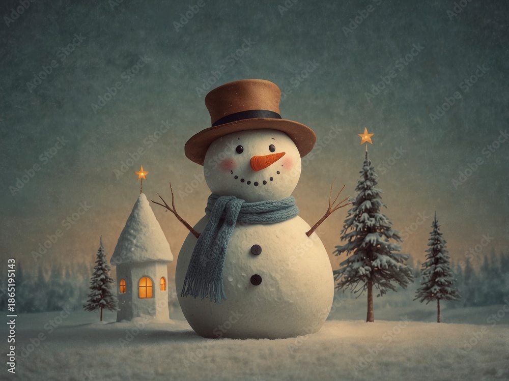 Obraz premium Snowman with house and trees