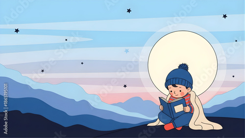 Cozy child reading under starry night sky with mountains